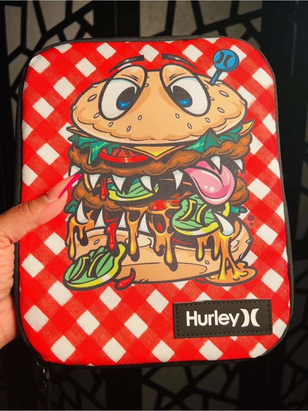 Hurley Boys Graphic Insulated Lunch Box Bag Burger Monster Red Gingham NWT
